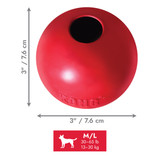 Red natural rubber ball-shaped dog toy with a hole in the center. Shown with product dimensions