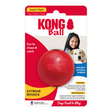 Red natural rubber ball-shaped dog toy with a hole in the center. Shown in its retail packaging.