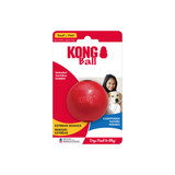 Red natural rubber ball-shaped dog toy with a hole in the center. Shown in its retail packaging.