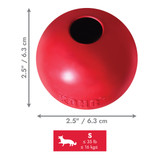 Red natural rubber ball-shaped dog toy with a hole in the center. Shown with product dimensions
