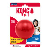 Red natural rubber ball-shaped dog toy with a hole in the center. Shown in its retail packaging.