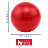 Red natural rubber ball-shaped dog toy with a hole in the center. Shown with product dimensions