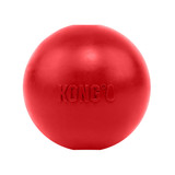 Red natural rubber ball-shaped dog toy with a hole in the center.