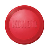 Red circular flying disc dog toy with “KONG” embossed.