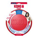 Red circular flying disc dog toy with “KONG” embossed. Shown in its retail packaging.