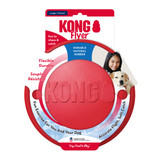 Red circular flying disc dog toy with “KONG” embossed. Shown in its retail packaging.