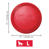Red circular flying disc dog toy with “KONG” embossed. Shown with product dimensions