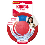 Red circular flying disc dog toy with “KONG” embossed. Shown in its retail packaging.
