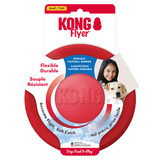 Red circular flying disc dog toy with “KONG” embossed. Shown in its retail packaging.