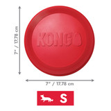 Red circular flying disc dog toy with “KONG” embossed. Shown with product dimensions