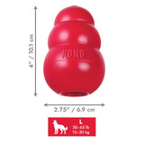 Red natural rubber KONG shaped dog toy with three tiers and “KONG” embossed. Shown with product dimensions