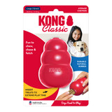 Red natural rubber KONG shaped dog toy with three tiers and “KONG” embossed. Shown in its retail packaging.