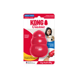 Red natural rubber KONG shaped dog toy with three tiers and “KONG” embossed. Shown in its retail packaging.