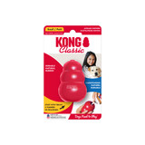 Red natural rubber KONG shaped dog toy with three tiers and “KONG” embossed. Shown in its retail packaging.