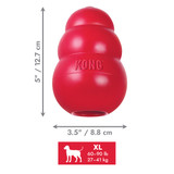 Red natural rubber KONG shaped dog toy with three tiers and “KONG” embossed. Shown with product dimensions