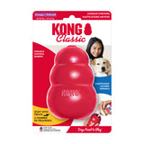 Red natural rubber KONG shaped dog toy with three tiers and “KONG” embossed. Shown in its retail packaging.