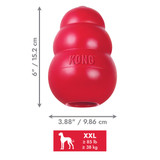 Red natural rubber KONG shaped dog toy with three tiers and “KONG” embossed. Shown with product dimensions