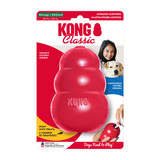 Red natural rubber KONG shaped dog toy with three tiers and “KONG” embossed. Shown in its retail packaging.