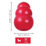Red natural rubber KONG shaped dog toy with three tiers and “KONG” embossed. Shown with product dimensions