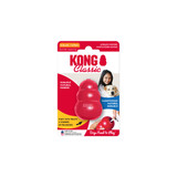 Red natural rubber KONG shaped dog toy with three tiers and “KONG” embossed. Shown in its retail packaging.