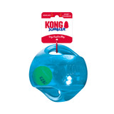 Orange ball-shaped dog toy with green accents and translucent surface. Shown in its retail packaging.