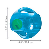 Orange ball-shaped dog toy with green accents and translucent surface. Shown with product dimensions