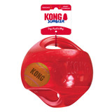 Blue ball-shaped dog toy with green accents and translucent surface. Shown in its retail packaging.