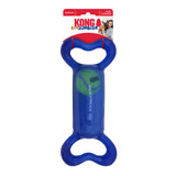 Blue bone-shaped dog toy with handles at the end. Shown in its retail packaging.