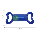 Blue bone-shaped dog toy with handles at the end. Shown with product dimensions