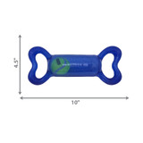 Blue bone-shaped dog toy with handles at the end. Shown with product dimensions