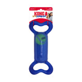 Blue bone-shaped dog toy with handles at the end. Shown in its retail packaging.