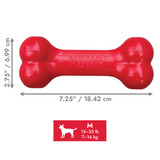Red bone-shaped dog toy with textured ends. Shown with product dimensions