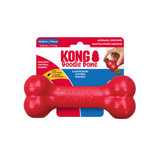 Red bone-shaped dog toy with textured ends. Shown in its retail packaging.