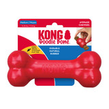 Red bone-shaped dog toy with textured ends. Shown in its retail packaging.