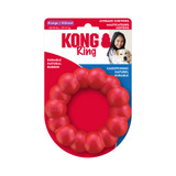 Red ring shaped dog toy with rounded texture all the way around.  Shown in its retail packaging.