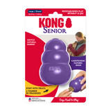 Purple bone-shaped dog toy with rope through the ends.  Shown in its retail packaging.