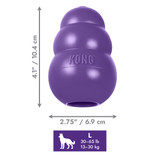 Purple bone-shaped dog toy with rope through the ends.  Shown with product dimensions