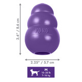Purple bone-shaped dog toy with rope through the ends.  Shown with product dimensions