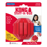 Red hexagonal dog toy with smooth surface. Shown in its retail packaging.