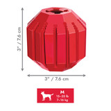 Red hexagonal dog toy with smooth surface. Shown with product dimensions