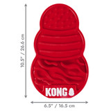 Red KONG-shaped dog feeding mat with textured grooves and ridges. Shown with product dimensions