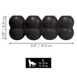 Black cylindrical dog toy with three stacked tiers and textured surface. Shown with product dimensions