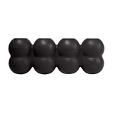 Black cylindrical dog toy with three stacked tiers and textured surface.