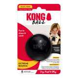 Black natural rubber ball dog toy with “KONG” embossed. Shown in its retail packaging.