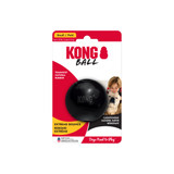 Black natural rubber ball dog toy with “KONG” embossed. Shown in its retail packaging.