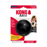 Black natural rubber ball dog toy with “KONG” embossed. Shown in its retail packaging.