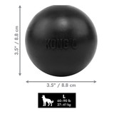 Black natural rubber ball dog toy with “KONG” embossed. Shown with product dimensions