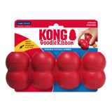 Red cylindrical dog toy with three stacked tiers and textured surface. Shown in its retail packaging.