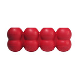 Red cylindrical dog toy with three stacked tiers and textured surface.
