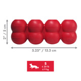 Red cylindrical dog toy with three stacked tiers and textured surface. Shown with product dimensions